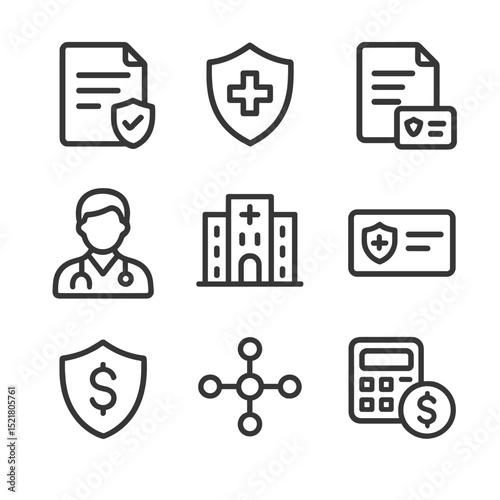 Health Insurance Icons. Outline icon set of health insurance solutions: policy, coverage, claim form, doctor, hospital, insurance