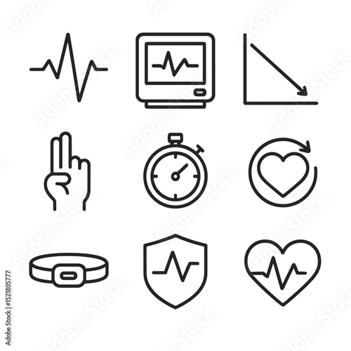 Heart Rate Icons. Outline icon set of heart rate recovery monitoring: heartbeat line, ECG monitor, graph descent, resting pulse