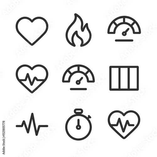 Heart Zone Icons. Outline icon set of heart rate zones: resting heart, fat burn, cardio zone, peak zone, heart with pulse, gauge