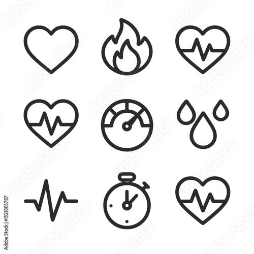 Heart Zone Icons. Outline icon set of heart rate zones: resting heart, fat burn, cardio zone, peak zone, heart with pulse, gauge