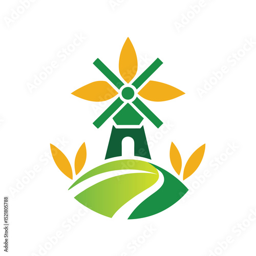 Green Farm Landscape with Windmill and Leaf Elements