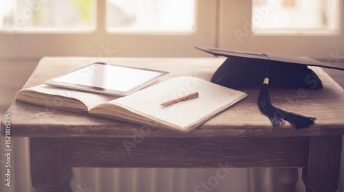 A tablet is opened beside a notebook and a graduation cap on a rustic wooden table. Sunlight streams in through the window, creating a warm and inviting workspace for learning and study