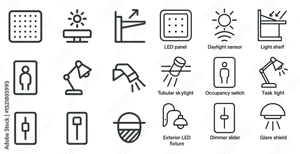 Fototapeta premium Modern lighting and smart sensor icons for interior design projects