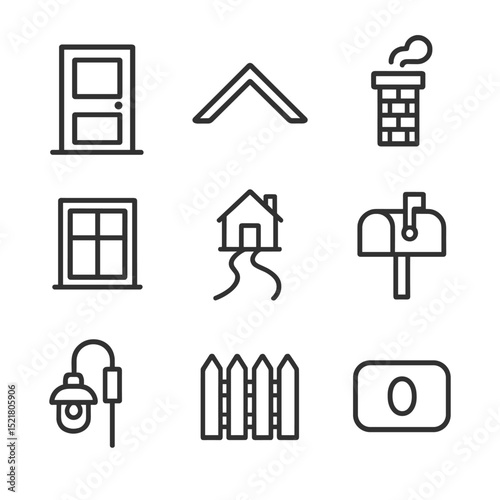 Home Icon Set. Outline icon set of home exterior: front door, roof, chimney, windows, garden path, mailbox, porch light, fence,