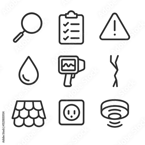 Home Inspection Icons. Outline icon set of home inspection: magnifying glass, checklist clipboard, hazard warning sign, moisture