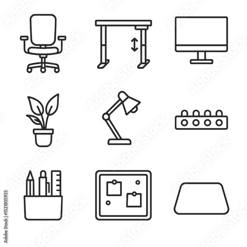 Home Office Icons. Outline icon set of home office setups worldwide: ergonomic chair, sit-stand desk, desktop monitor, desk plant,