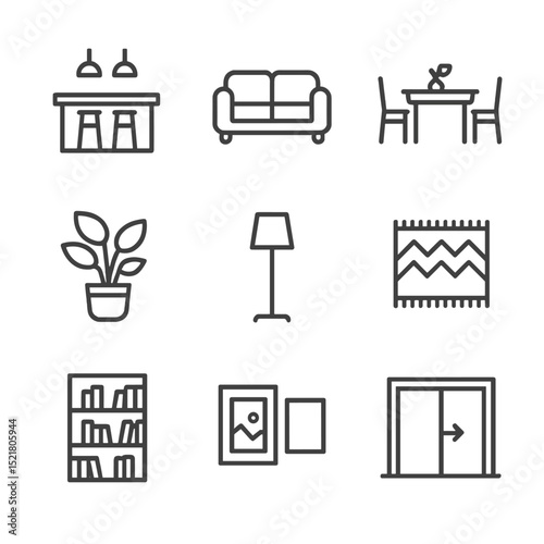 Home Interior Icons. Outline icon set of open-concept home interiors: kitchen island, living room sofa, dining table, sliding door
