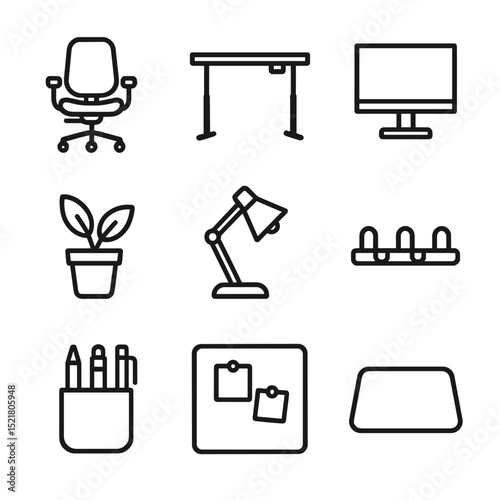 Home Office Icons. Outline icon set of home office setups worldwide: ergonomic chair, sit-stand desk, desktop monitor, desk plant,