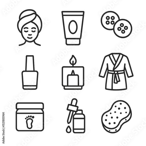 Home Spa Icons. Outline icon set of home spa day: towel head wrap, facial mask tube, cucumber slices, nail polish bottle, scented