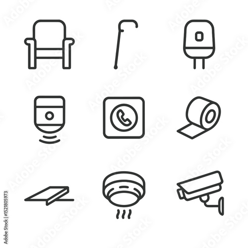 Home Safety Icons. Outline icon set of home safety environment: chair with arm support, walking cane, night light, motion sensor,