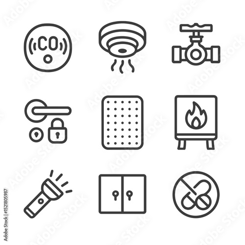 Home Safety Icon Set. Outline icon set of home hazard precautions: carbon monoxide detector, smoke detector, gas leak valve, child