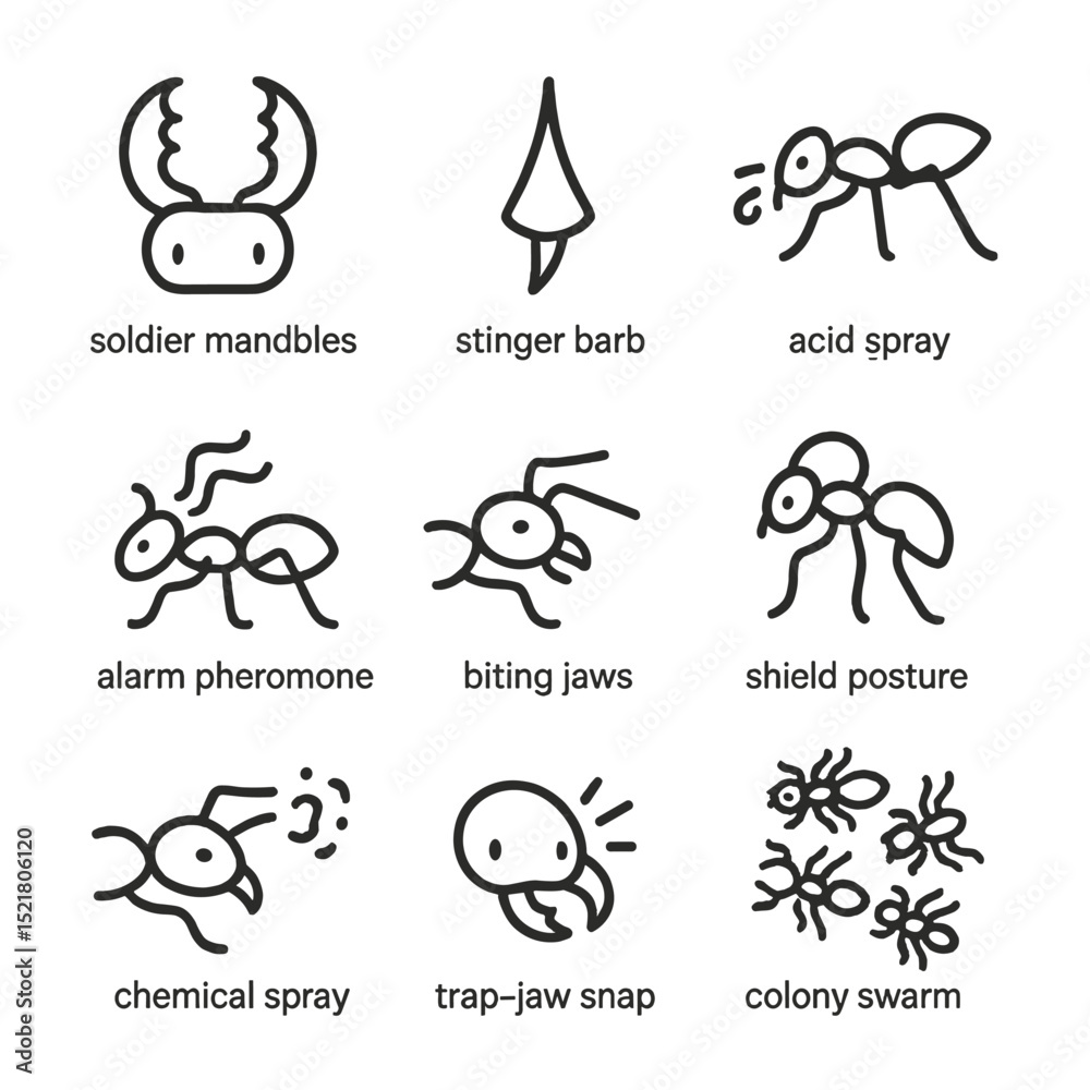 Naklejka premium Ant Defense Icons. Outline icon set of ant defenses: soldier mandibles, stinger barb, acid spray, alarm pheromone, biting jaws,