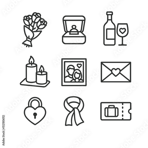Anniversary Gift Icons. Outline icon set of anniversary gift ideas: rose bouquet, jewelry box, wine bottle, candle set, photo
