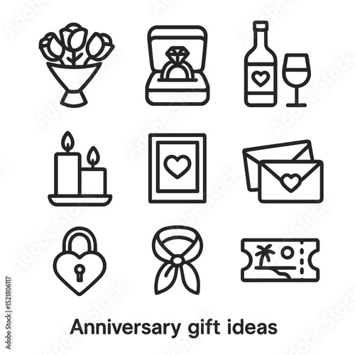 Anniversary Gift Icons. Outline icon set of anniversary gift ideas: rose bouquet, jewelry box, wine bottle, candle set, photo