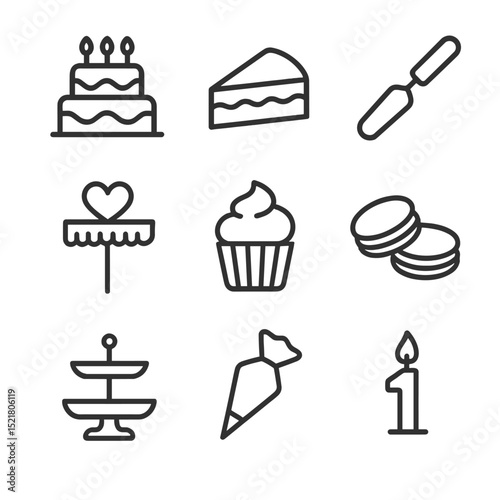 Anniversary Cake Icons. Outline icon set of anniversary cake and desserts: tiered cake, cake slice, frosting spatula, cake topper,