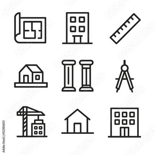 Architecture Icon Set. Outline icon set of architecture design: blueprint, building, ruler, scale model, columns, compass,