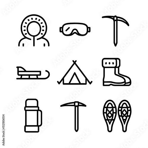 Arctic Gear Icons. Outline icon set of Arctic exploration gear: parka hood, snow goggles, ice axe, sled, tent, fur boots, thermos,