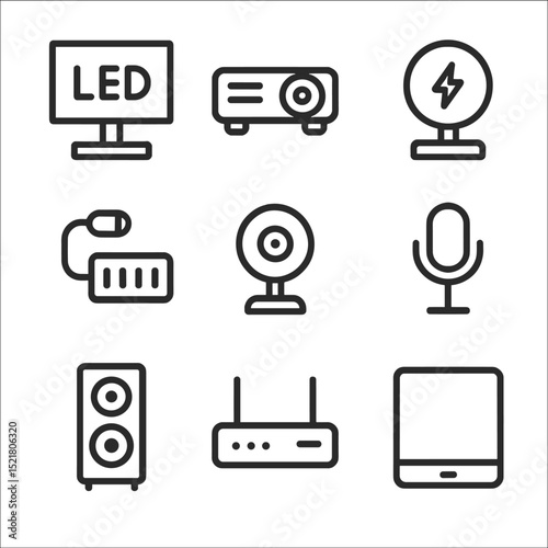 Booth Technology Icons. Outline icon set of booth technology features: LED screen, projector, wireless charger, USB hub, webcam,