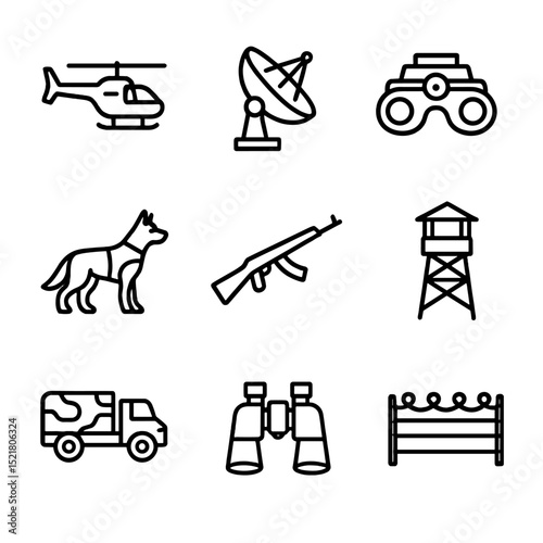 Border Security Icons. Outline icon set of border security operations: patrol helicopter, radar dish, night-vision goggles, guard