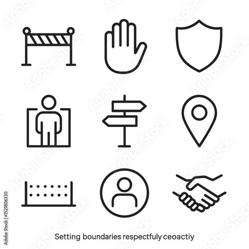 Boundary Icons Set. Outline icon set of setting boundaries respectfully: barrier line, stop hand, shield, personal space