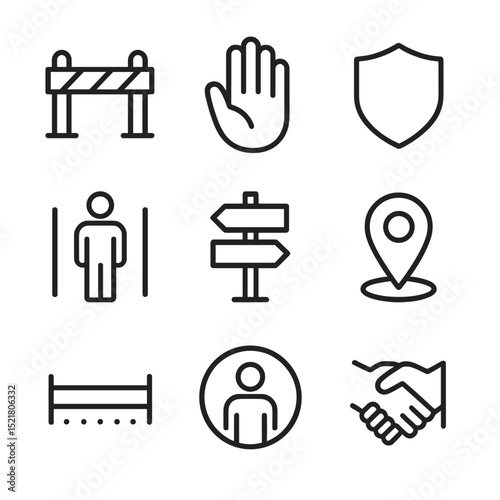 Boundary Icons Set. Outline icon set of setting boundaries respectfully: barrier line, stop hand, shield, personal space