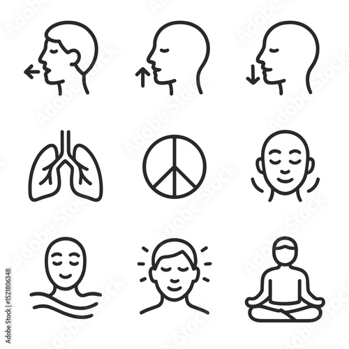 Breathwork Icon Set. Outline icon set of breathwork: deep breathing, inhale, exhale, lungs, peace, relaxation, mindfulness, calm,