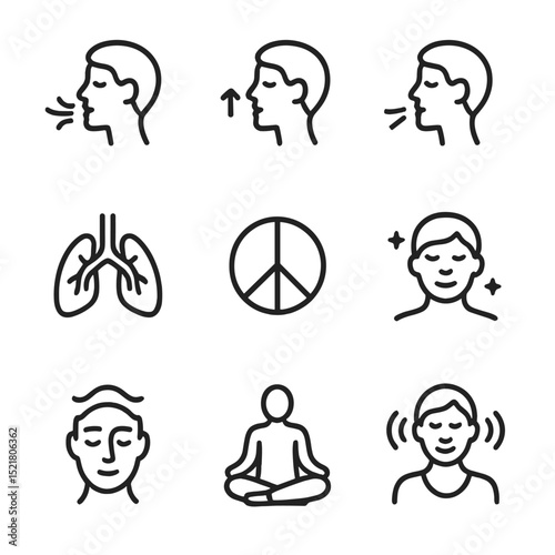 Breathwork Icon Set. Outline icon set of breathwork: deep breathing, inhale, exhale, lungs, peace, relaxation, mindfulness, calm,