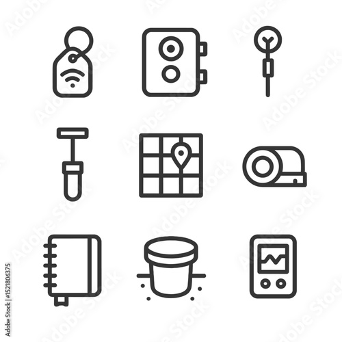 Burrow Research Icons. Outline icon set of burrow research tools: tracking tag, camera trap, GPS probe, soil sampler, mapping grid