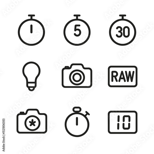Camera Settings Icons. Outline icon set of shutter interval settings: one-second interval, five-second interval, thirty-second