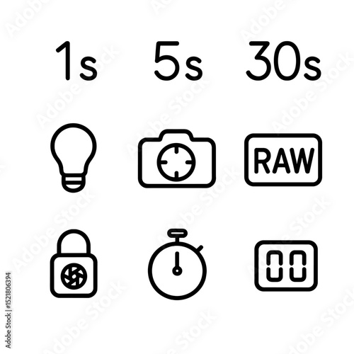 Camera Settings Icons. Outline icon set of shutter interval settings: one-second interval, five-second interval, thirty-second
