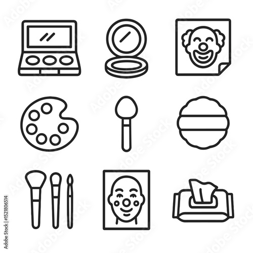 Clown Tools Icons. Outline icon set of clown tools: makeup kit, mirror compact, face stencil, paint palette, sponge applicator,