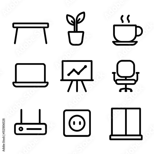 Co-Working Space Icons. Outline icon set of co-working spaces: desk, office plant, coffee cup, laptop, whiteboard, swivel chair,