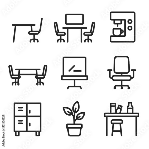 Co-Working Space Icons. Outline icon set of co-working spaces: hot desk, meeting room, coffee machine, communal table, whiteboard,