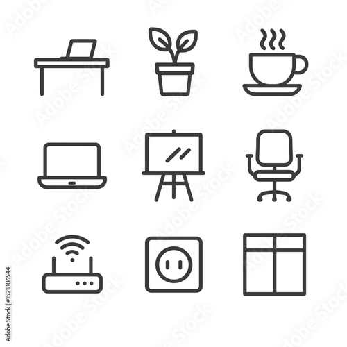 Co-Working Space Icons. Outline icon set of co-working spaces: desk, office plant, coffee cup, laptop, whiteboard, swivel chair,