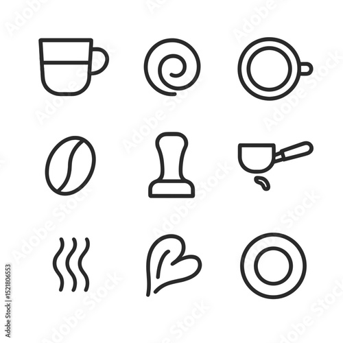 Coffee Icon Set. Outline icon set of coffee crema streaks: espresso shot, crema swirl, cup rim, coffee bean, tamper, portafilter,