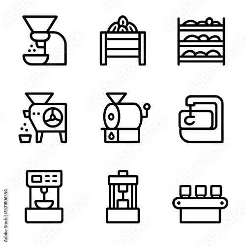 Cocoa Processing Icons. Outline icon set of Cocoa processing equipment: grinder, fermenting box, drying rack, winnower, roaster,