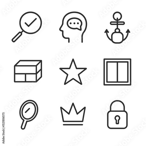 Cognitive Bias Icons. Outline icon set of cognitive biases: confirmation magnifier, availability bubble, anchoring weight, sunk