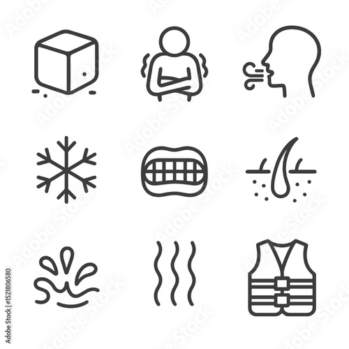 Cold Water Shock Icons. Outline icon set of cold water shock response: ice cube, shivering figure, cold fog breath, snowflake,