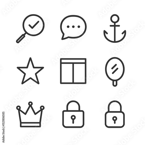 Cognitive Bias Icons. Outline icon set of cognitive biases: confirmation magnifier, availability bubble, anchoring weight, sunk