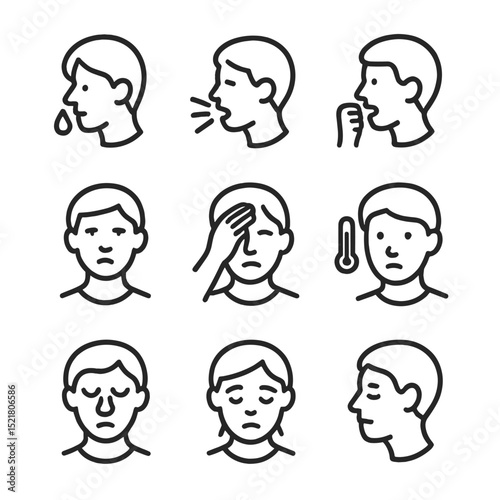 Cold Symptoms Icons. Outline icon set of common cold symptoms: runny nose, sneezing, cough, sore throat, headache, fever,