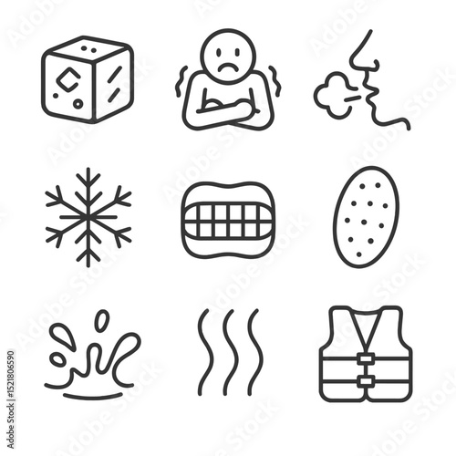 Cold Water Shock Icons. Outline icon set of cold water shock response: ice cube, shivering figure, cold fog breath, snowflake,