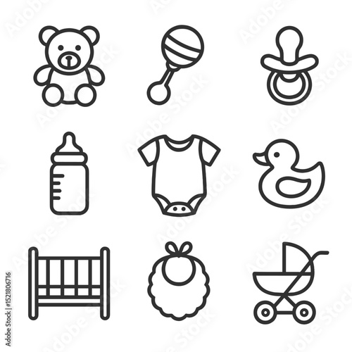 Baby Nursery Icons. Outline icon set of baby nursery patchwork blanket: teddy bear, rattle, pacifier, baby bottle, onesie, rubber