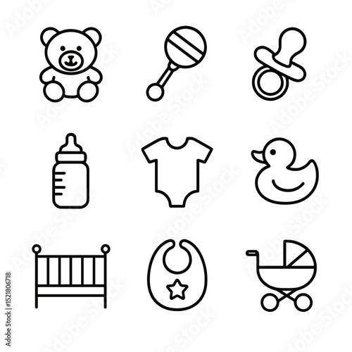 Baby Nursery Icons. Outline icon set of baby nursery patchwork blanket: teddy bear, rattle, pacifier, baby bottle, onesie, rubber