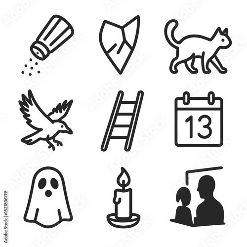 Bad Luck Icons. Outline icon set of bad luck omens: spilled salt, broken mirror shard, black cat crossing, crow landing, ladder