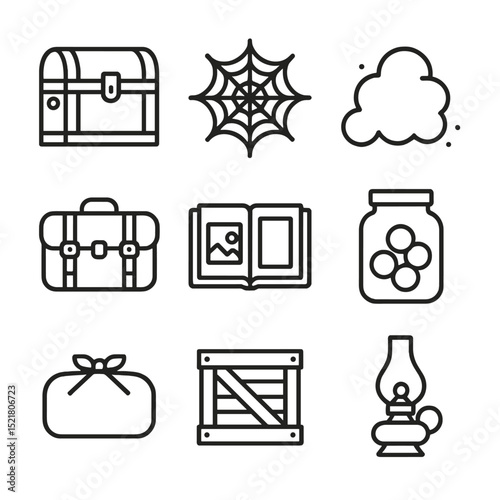 Attic Storage Icons. Outline icon set of attic storage shelf: old trunk, cobweb, dust cloud, vintage suitcase, photo album,