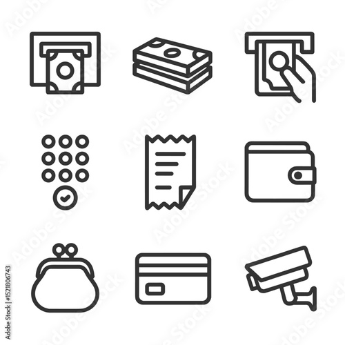 Banking Icon Set. Outline icon set of cash salary withdrawal: ATM machine, cash stack, banknote hand, PIN pad, receipt, wallet,