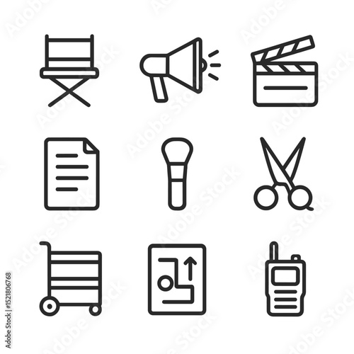 Behind-the-Scenes Icons. Outline icon set of behind-the-scenes collaboration: director’s chair, megaphone, clapboard, script page,