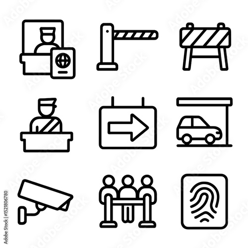 Border Control Icons. Outline icon set of border control checkpoints: passport control booth, barrier gate, traffic barrier,
