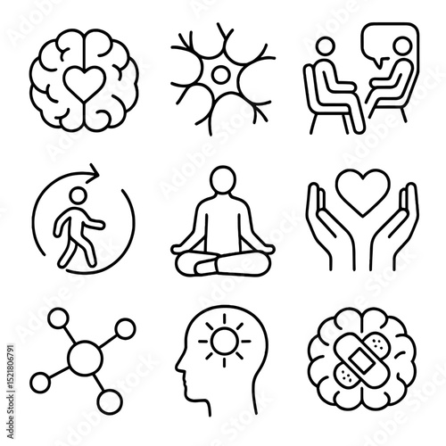 Brain Healing Icons. Outline icon set of brain healing after addiction: brain, neurons, therapy, recovery, meditation, support,