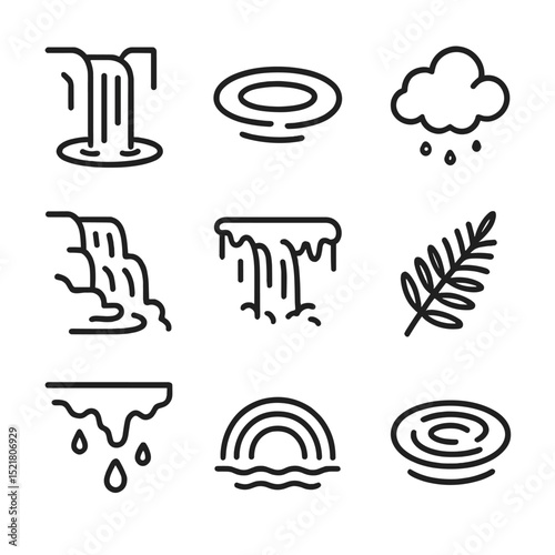 Cliffside Waterfall Icons. Outline icon set of cliffside waterfalls: cliff waterfall, plunge pool, mist cloud, stream cascade,
